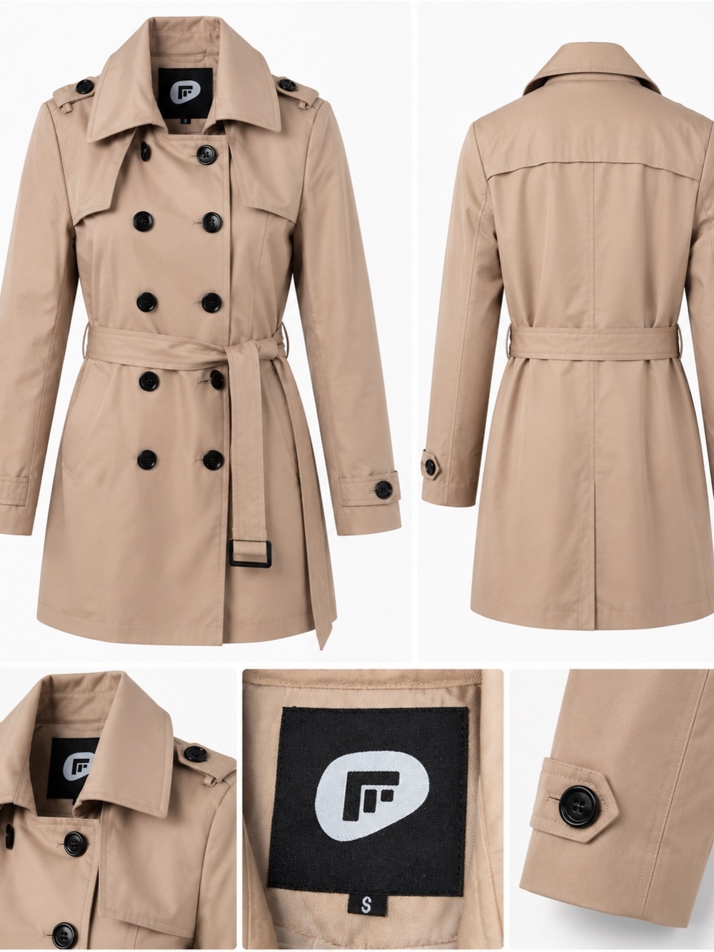 Beige Double-Breasted Trench Coat with Belt